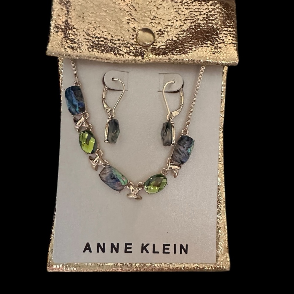 Anne Klein Necklace and Earrings Gold with Blue and Green‎ Stones - Picture 3 of 5
